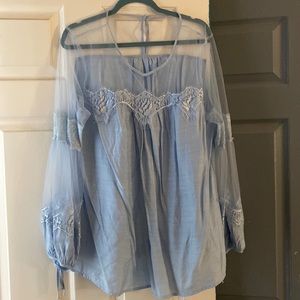 Long sleeved, light blue, mesh sleeved shirt